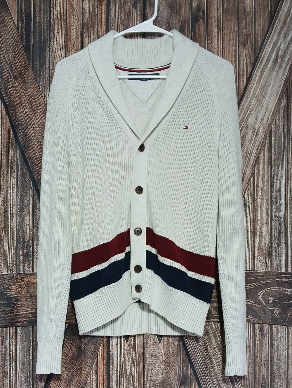 Tommy Hilfiger Men's Cream Shawl Collar Button Cardigan with Stripe